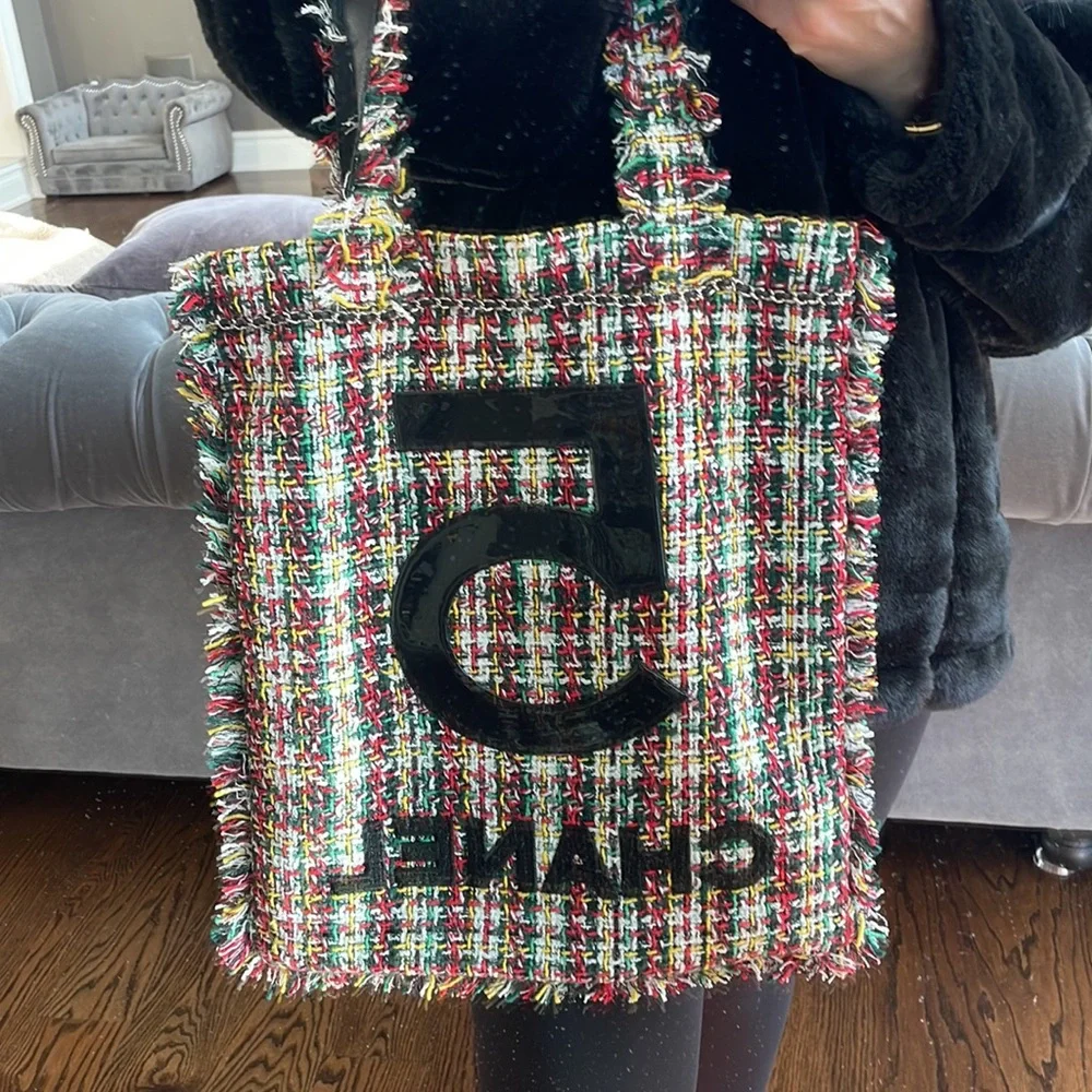Chanel tweed no 5 tote shopper multi color bag black patent logo shoulder bag